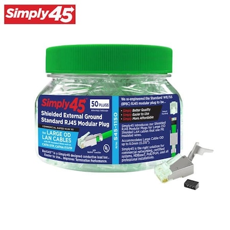 Simply45 Standard Cat6/6a STP External Ground RJ45 Modular Plugs with BarS45 Green Tint, Hi/Lo Stagger - 50pc SIM-S45-1150